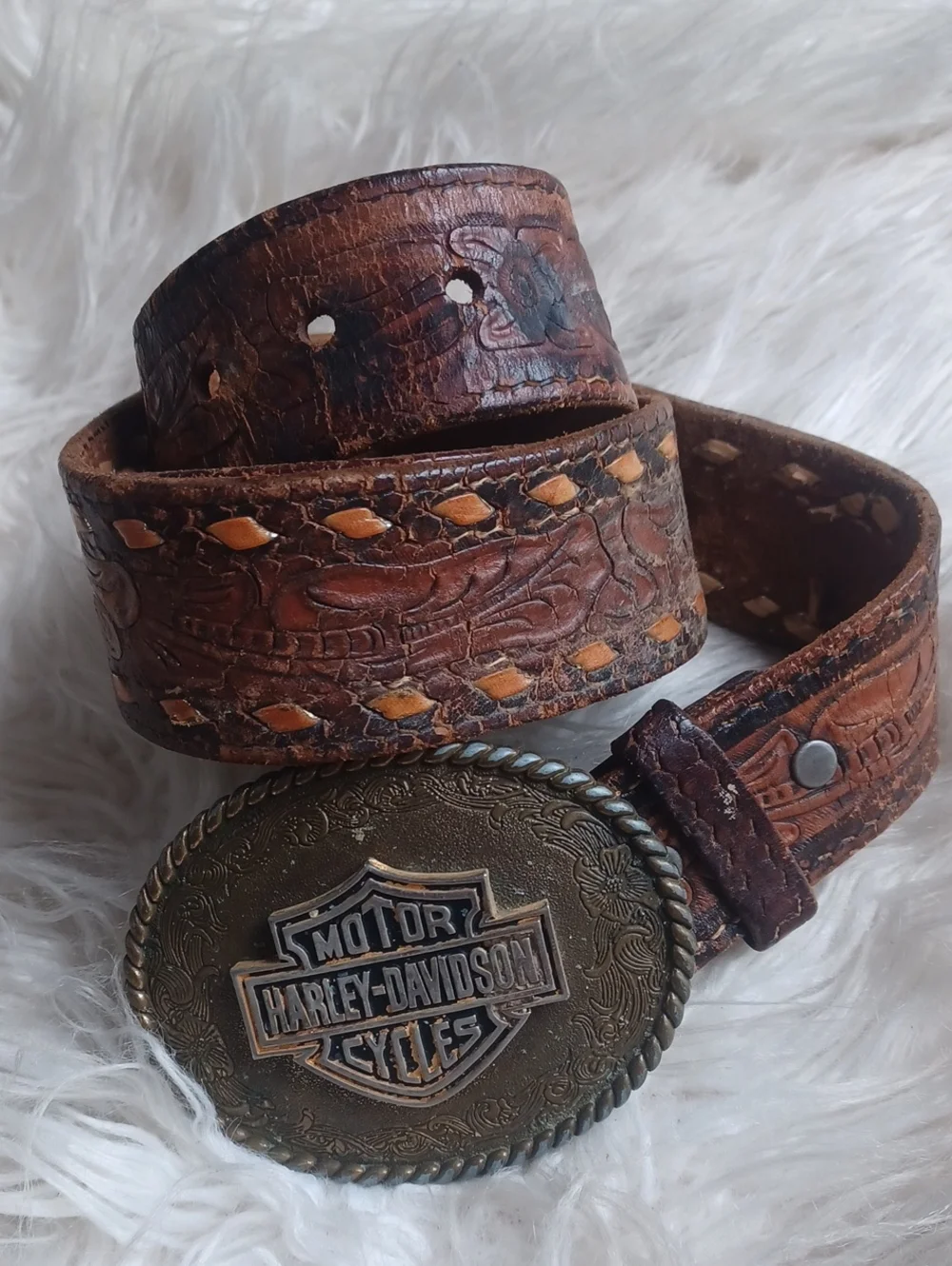 Vintage 1978 Motor Harley Davidson Leather Belt With Amazing Buckle